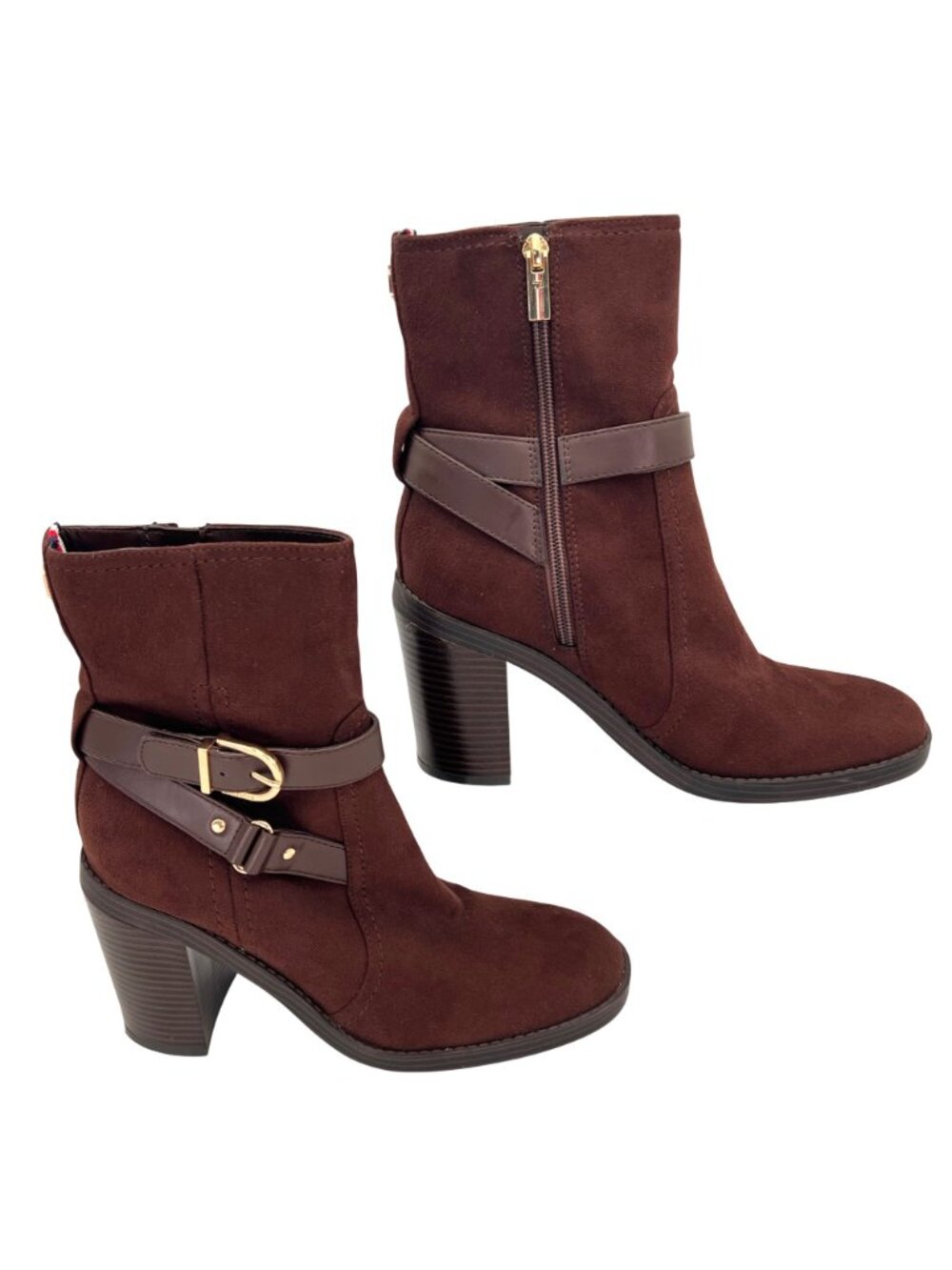 Tommy Hilfiger Brown Suede Ankle Boots Womens Size 8.5M Gold Buckles Block Heel - Picture 2 of 16